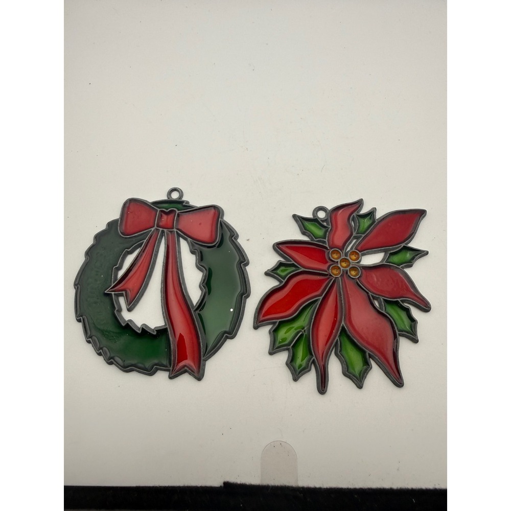 Vintage Christmas Suncatcher Set Wreath and Poinsettia Faux Stained Glass Decor